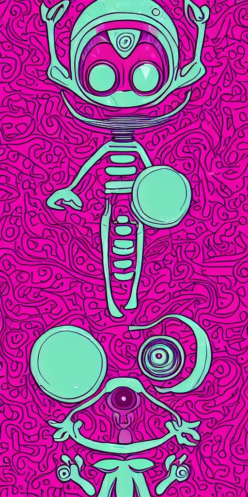 Image similar to cute alien designed by Polynesians, pink background, digital art