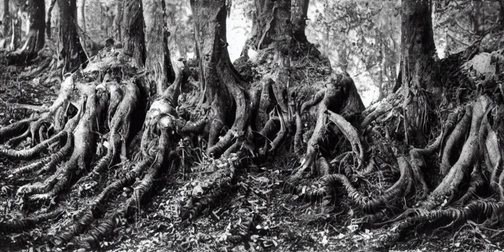 Image similar to 1 9 2 0 s photography of monster root creatures creeping and lurking in dark forest in the dolomites