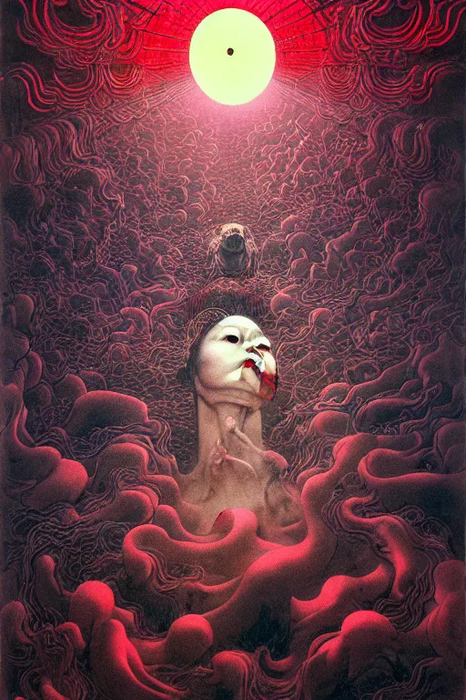 Image similar to zhongyuan festival, chinese ghost festival, king of hell, inside page of comic book, psychedelic lights and fog, in the style of zdzislaw beksinski, ayami kojima, takato yamamoto, barclay shaw, karol bak, glowing light and shadow, hyperrealist