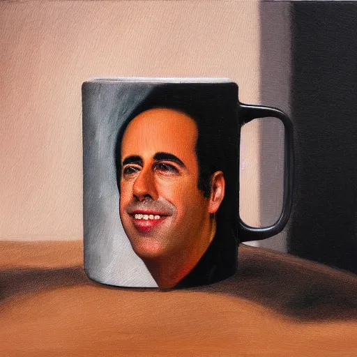 Image similar to coffee cup with an oil painting of jerry seinfeld, studio lighting, 4 k