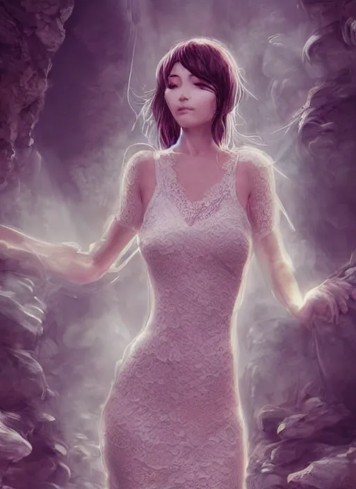 Prompt: beautiful woman in a lace dress in a cave, detailed dress and face, digital art, manga style, by artgerm, by wlop, octane render, beautiful lighting