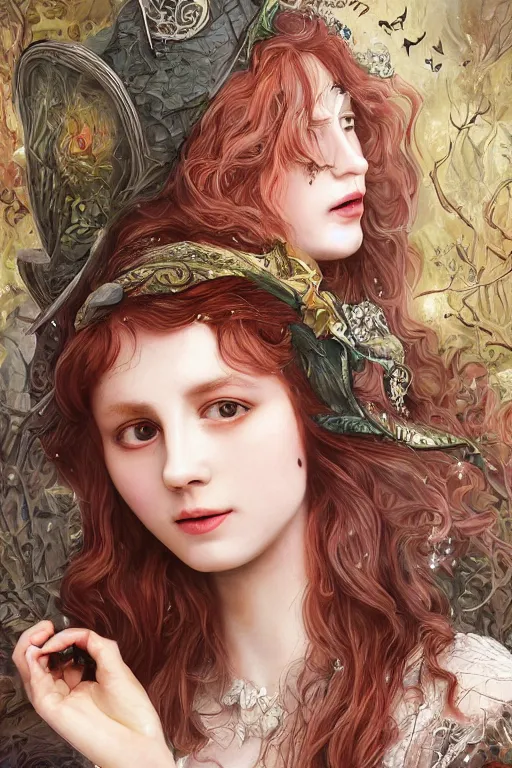 Image similar to An extremely beautiful pre-raphaelite portrait of a cute witch, surreal, ultradetailed, intricate, elegant, digital art painting, artstation, concept art, smooth, sharp focus, illustration, regal, award winning picture, extremely detailed masterpiece, sense of awe, featured on artstation, Artgerm, effervescent punk kawaii-noir pastel bubbles, winning award piece, ethereal rainbows, Aetherpunk, Exquisite details