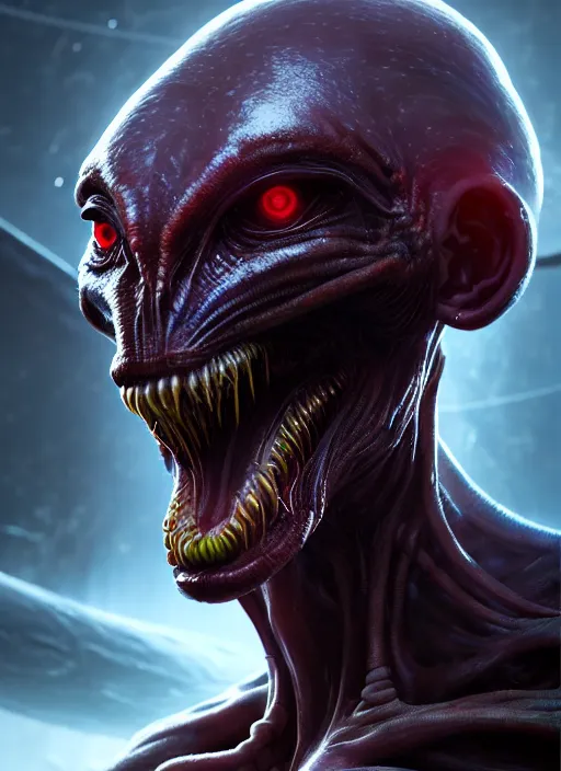 Image similar to portrait of a space alien, varying detailed skin, octane render, piercing glowing eyes, realistic render, detailed, ugly, slimy unreal engine, symmetrical!!, greg rutkowski and ruan jia, cinematic