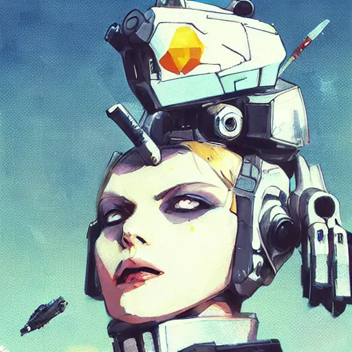 Prompt: Tank girl sitting on top of a Gundam robot mecha head, elegant, highly detailed, digital painting, artstation, concept art, smooth, flat brush strokes, illustration painted by Ashley wood and Bill Sienkiewicz, balanced composition, closeup