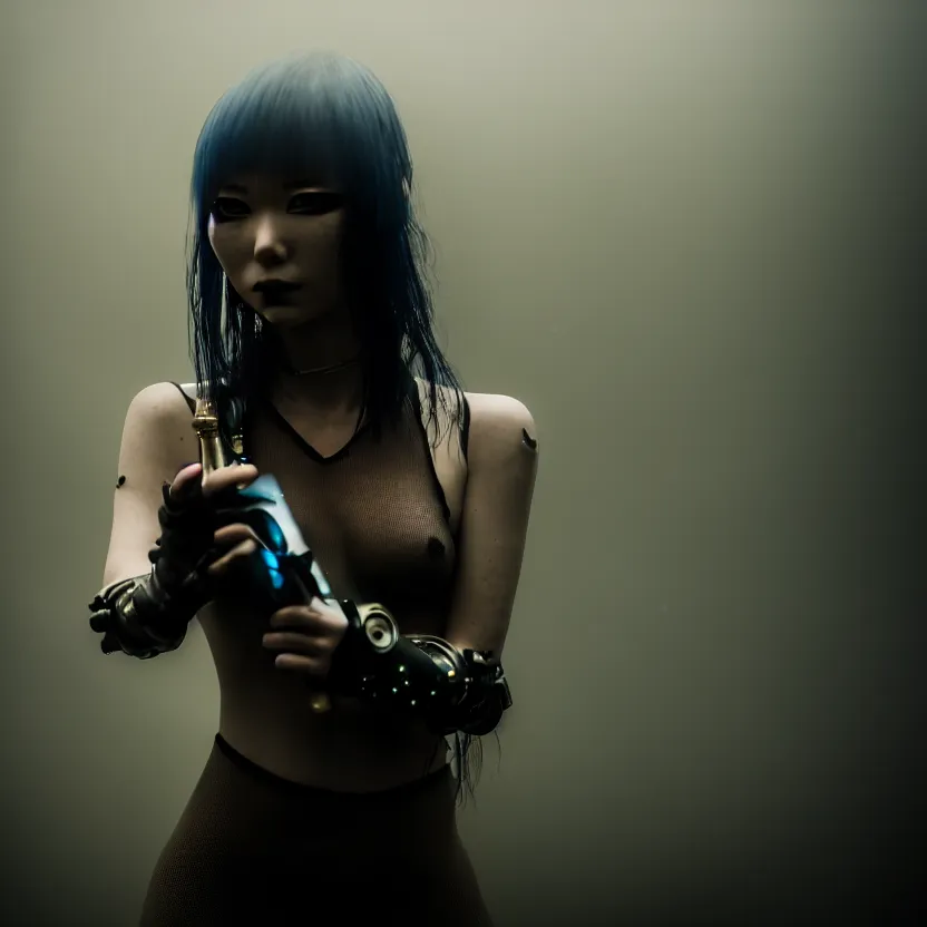 Prompt: a photo close up cyberpunk woman, knife dance in cyberpunk dirty alley, smoke mist rain, cyberpunk gunma prefecture, midnight, photorealistic, cinematic color, studio lighting, highly detailed, bokeh, style by tomino - sama
