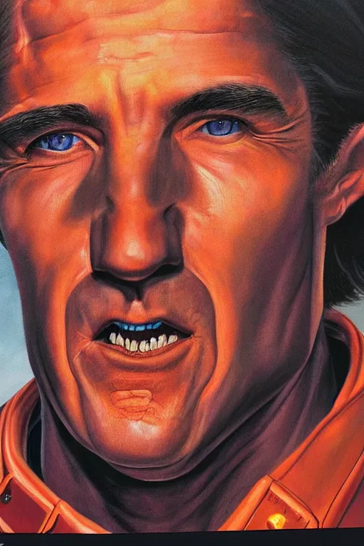 Prompt: hyper realistic painting of randy mantooth as a fire fighter by richard corben and chuck close, vivid colours, highly detailed, dramatic lighting, exotropia eyes