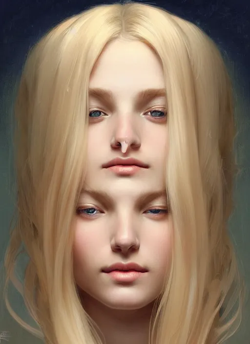 Image similar to beautiful feminine face! portrait of young woman blessed by god with ever - increasing physical and mental perfection, blonde hair, symmetrical! intricate, elegant, highly detailed, vision of holy perfection!! smile, digital painting, artstation, concept art, smooth, sharp focus, illustration, art by artgerm and greg rutkowski and alphonse mucha