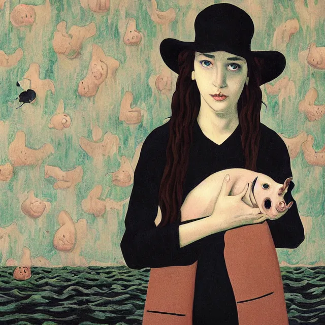 Image similar to tall female emo artist holding a pig in her flooded bathroom, water gushing from ceiling, painting of flood waters inside an artist's bathroom, a river flooding indoors, pomegranates, pigs, ikebana, zen, water, octopus, river, rapids, waterfall, black swans, canoe, berries, acrylic on canvas, surrealist, by magritte and monet