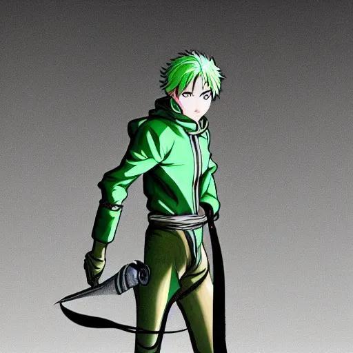 Image similar to male fencer, anime style, green hair, dark, animated, animation, detailed, illustration, moody