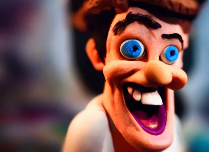 Image similar to cinematic screenshot portrait of a stop motion claymation film about a goofy wacky adventure starring ace ventura, shallow depth of field, 1 8 mm, f 1. 8