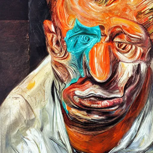 Prompt: high quality high detail expressionist painting of a man in agony by lucian freud and jenny saville and francis bacon, hd, anxiety, turquoise and orange