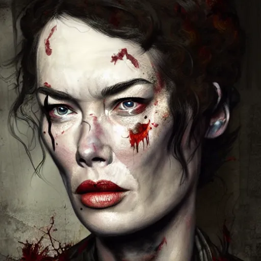 Prompt: color head portrait of lena headey as a zombie, 7 days to die zombie, gritty background, fine art, award winning, intricate, elegant, sharp focus, cinematic lighting, digital painting, 8 k concept art, art by michael hussar, art by brom, art by guweiz and z. w. gu, 8 k