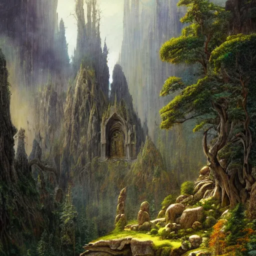 Prompt: a beautiful and highly detailed oil painting of an elven temple deep in the misty mountains, secret valley, tall spires, beautiful trees, runes carved into the stone, intricate details, epic scale, insanely complex, 8 k, sharp focus, hyper realism, fantasy landscape, psychedelic, by caspar friedrich, brian froud, albert bierstadt,