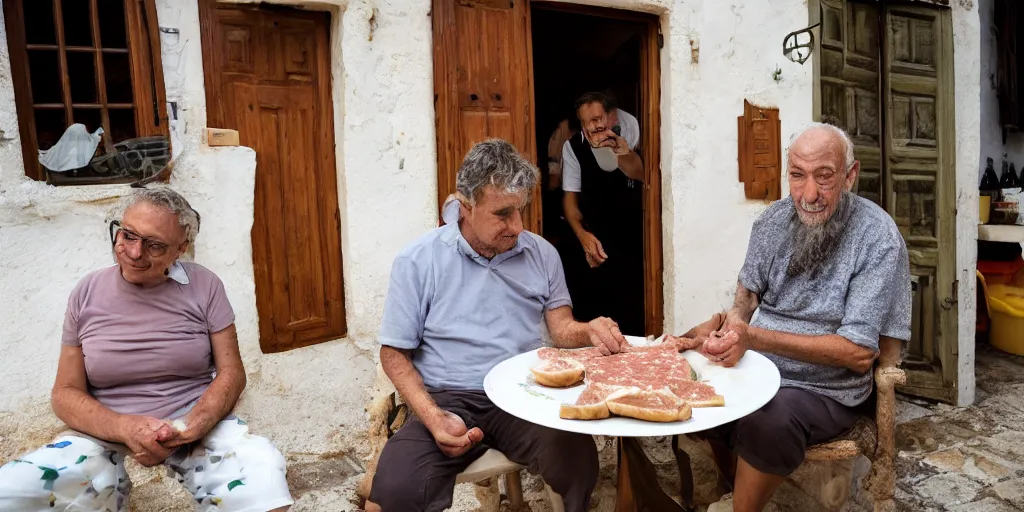 Prompt: cat sharing mortadella with his happy owner at a trullo house, photoreal, 3 5 mm, award winning photography