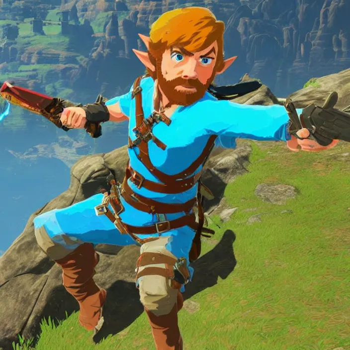 Prompt: Chuck Norris in The Legend of Zelda Breath of the Wild, detailed screenshot