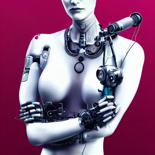 Prompt: portrait of a young cyborg woman with robotic prosthetic arms and legs, digital art, artstation, 4k