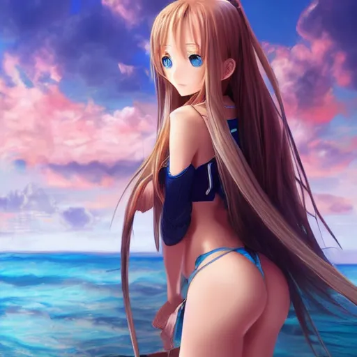 Image similar to a very beautiful young yuuki asuna, full body, long wavy blond hair, sky blue eyes, full round face,, bikini, miniskirt, front shot, highly detailed, cinematic wallpaper by stanley artgerm lau
