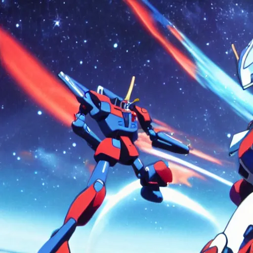 Image similar to cinematic scene of evangelion gundams fighting in space