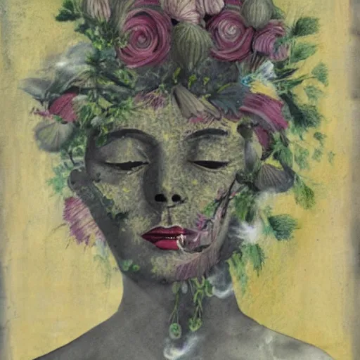 Image similar to portrait of a Smokey woman made of flowers and smoke