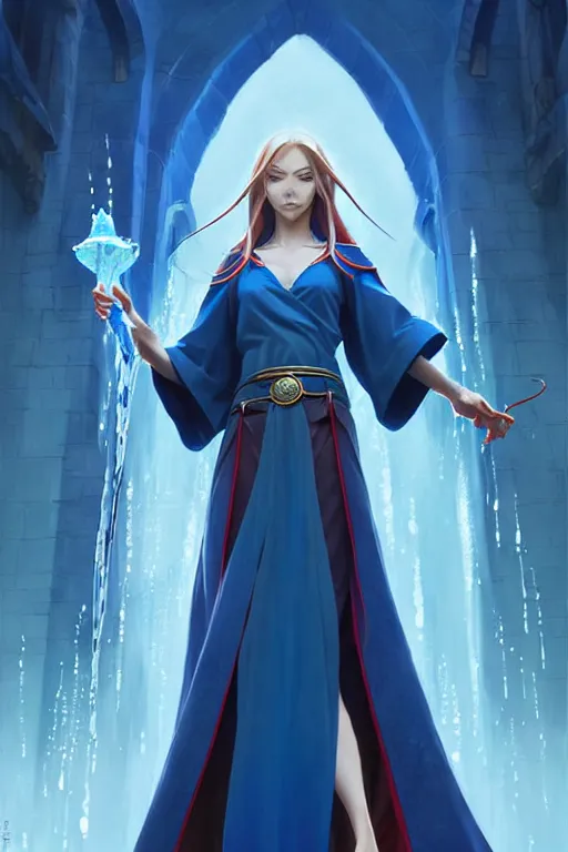 Image similar to elf female sorcerer doing water magic spells, blue robes, red hair, finely detailed perfect face, exquisite details, mid view, design on a white background, by studio muti, greg rutkowski makoto shinkai takashi takeuchi studio ghibli