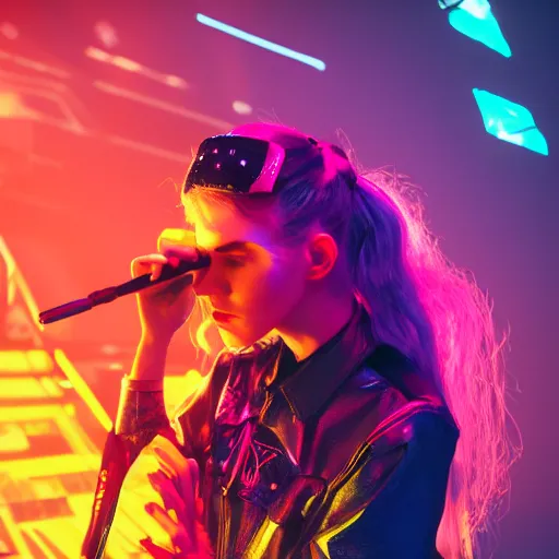 Image similar to Grimes DJing onstage playing with a synthesizer, neon, lambent lighting with vivid and radiant colors, 35mm photography, volumetric lighting, trending on artstation, artstationHD, artstationHQ, 4k, 8k.