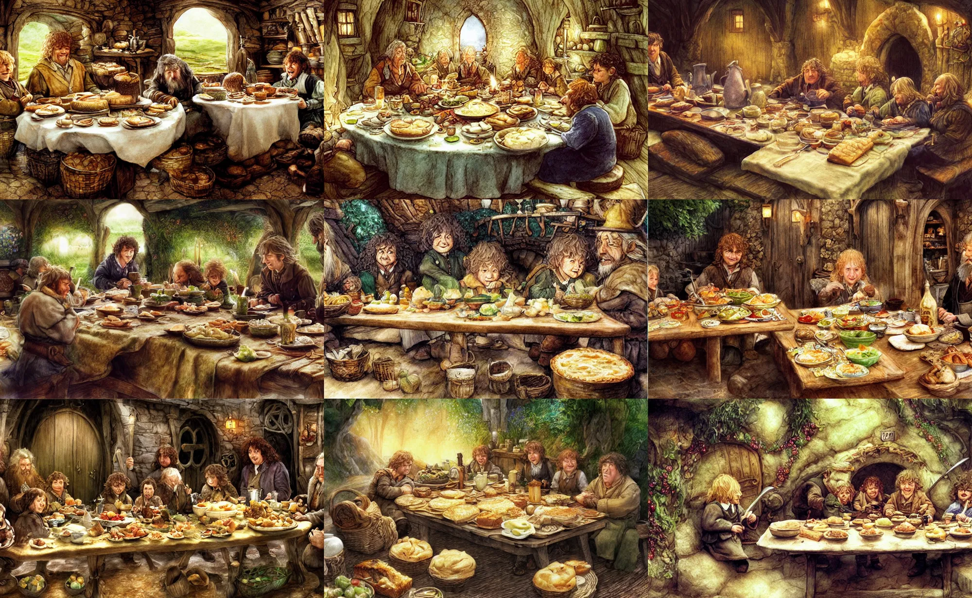 Prompt: a hobbit's table filled with pies, butter, breads, fruit, cakes, tea, etc., a happy hobbit family is eating, by alan lee, intricate, firelit, digital art, artstation, oil painting.