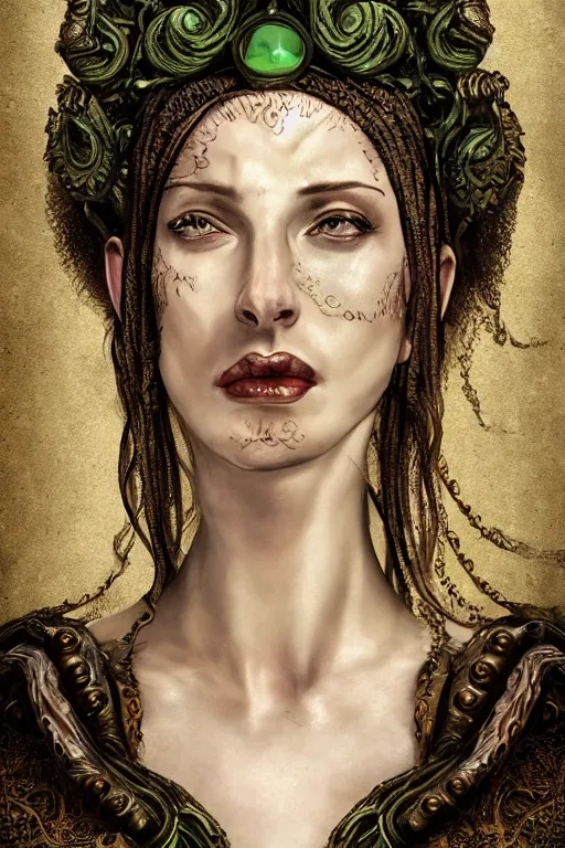 Image similar to portrait, headshot, digital painting, of a 17th century, beautiful, middle aged, middle eastern, wrinkles, decadent, cyborg noble woman, dark hair, piercings, tentacle hair, tendrils, amber jewels, baroque, ornate dark green opulent clothing, scifi, futuristic, realistic, hyperdetailed, concept art, chiaroscuro, rimlight, art by syd mead