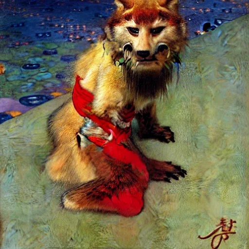 Image similar to furry splinter ninja mutant wearing a red kimono hairy furry body furry arms feet. highly detailed painting by gaston bussiere craig mullins jc leyendecker gustav klimt artgerm greg rutkowski