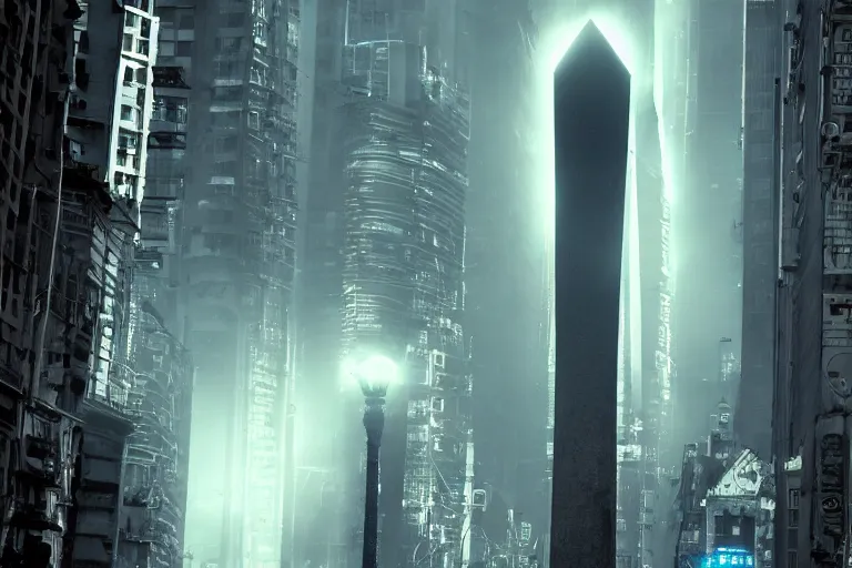 Image similar to buenos aires obelisk, cyberpunk neon, 4 k wallpaper sci - fi 8 0's movie still full hd, detailed masterpiece, fog