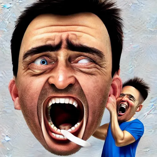 Image similar to Father yelling energetically with a big mouth at his little son who keeps his head down., caricature portrait exaggerated by Sebastian Krüger and Bruno Tesse trending on artstation, hyperdetailed, humor, perfect composition