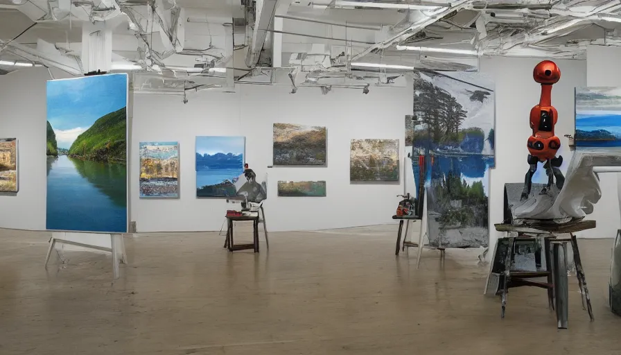 Image similar to robots holding paintbrushes against photos of landscapes in a gallery