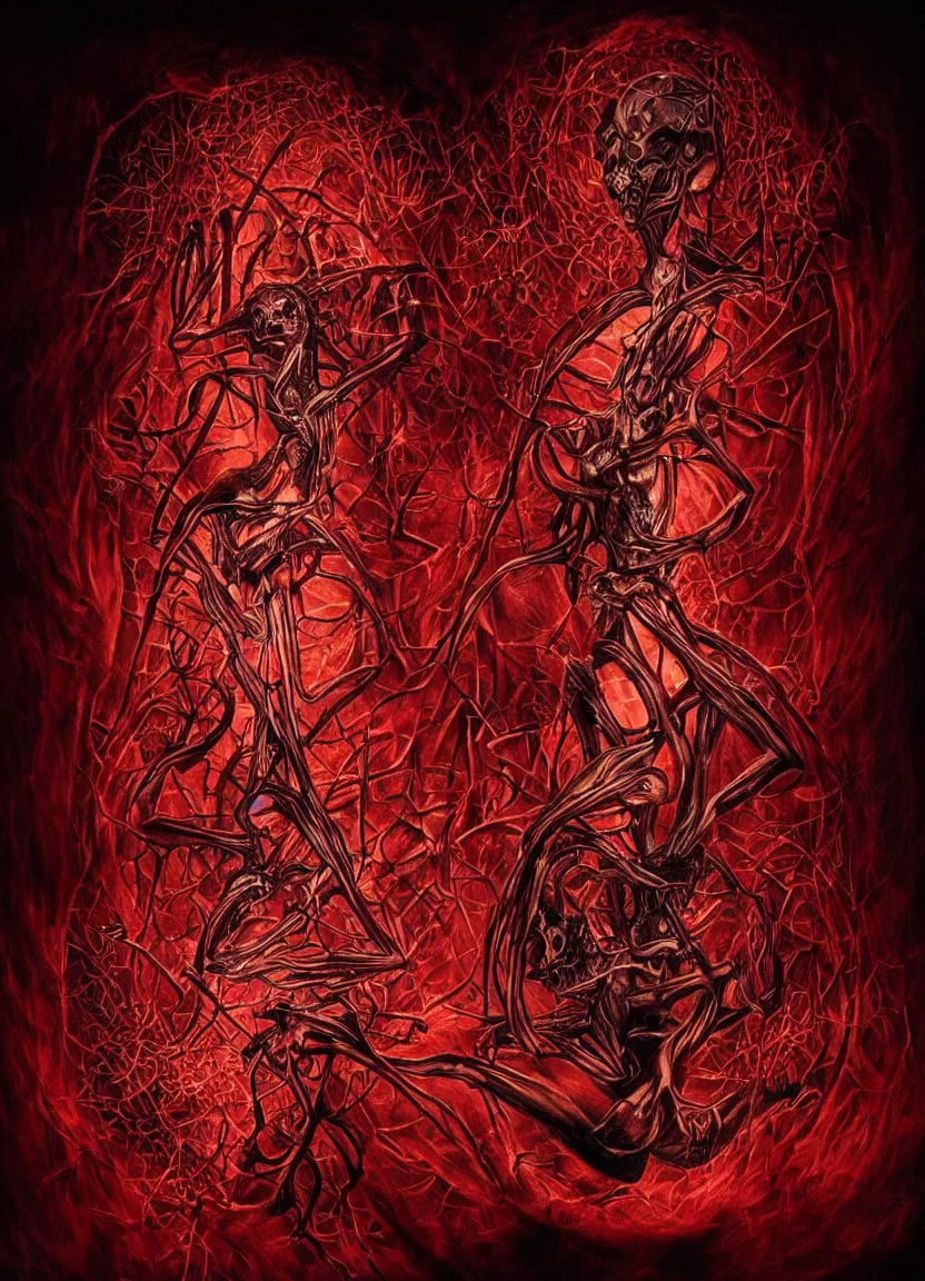 Prompt: Magical creation of protohuman on complex sigil with lots of detail in an empty dark room. Glowing fiery red, hyperrealism, horror art, masterpiece