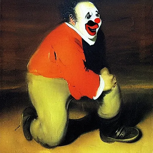 Prompt: an oil painting of a clown watching soccer, goya, dark,