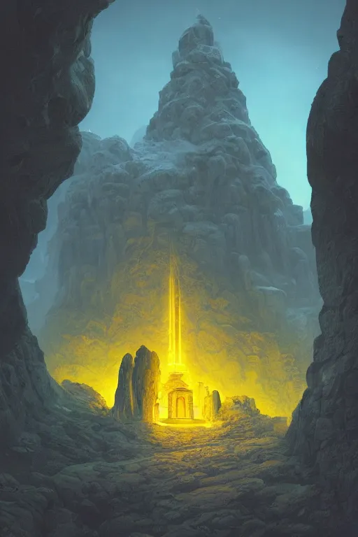 Prompt: yellow glowing ancient temple in a cave, star trails, dramatic lighting, artstation, matte painting, filip hodas, ralph mcquarrie