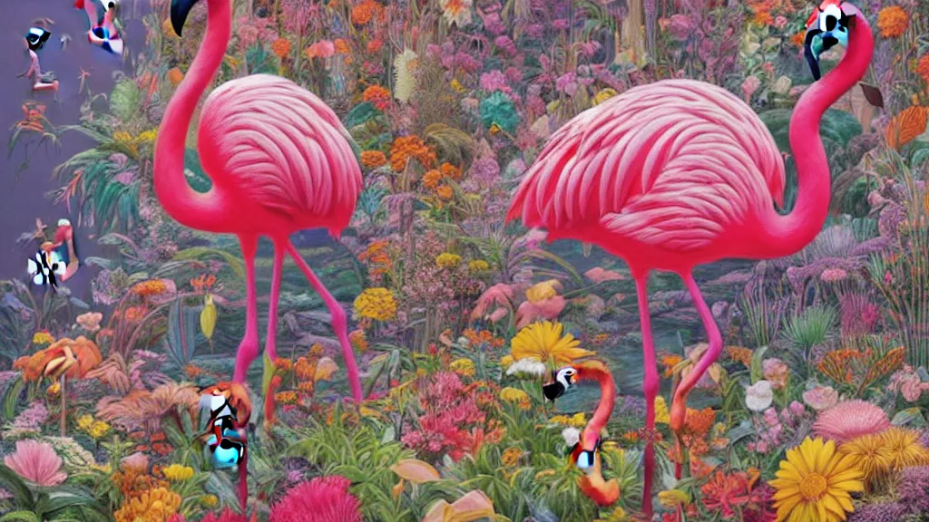 Prompt: highly detailed oil painting of neon flamingo surrounded by all the known species of flowers by olaf hayek, by moebius, by oliver vernon, by joseph moncada, by damon soule, by manabu ikeda, by kyle hotz, by dan mumford, by kilian eng