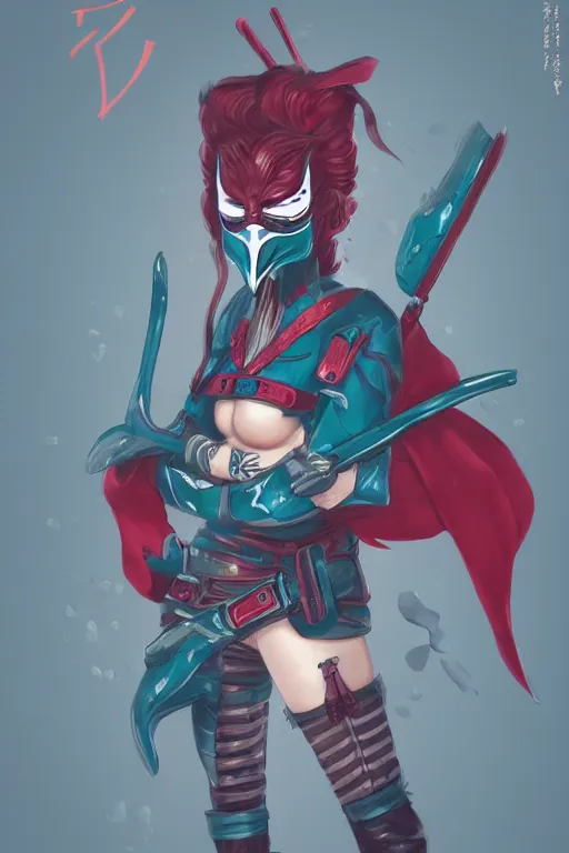 Image similar to female adventurer in tight full - body teal leather armor of japanese design with red accents and a white porcelain crow mask, trending in artstation, japanese, by sakimichan establishing shot