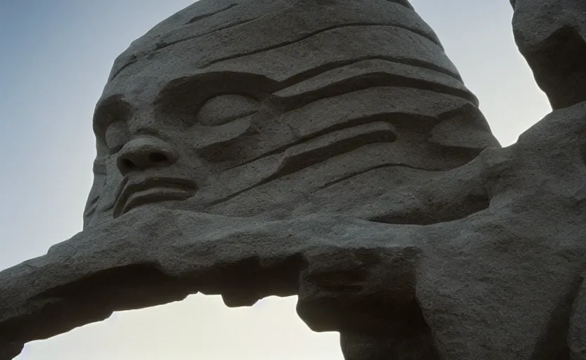 Prompt: screenshot of low angle wide shot of ancient Jedi sculpture looming in the sky outside the foggy Jedi Temple scene from The Force Awakens, 1970s film by Stanley Kubrick, serene, iconic scene, hazy, stunning cinematography, hyper-detailed, sharp, anamorphic lenses, kodak color film, 4k