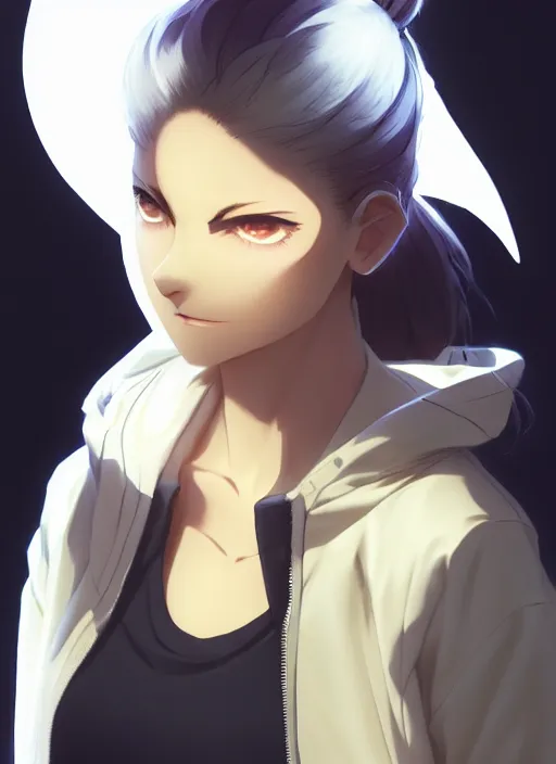 Image similar to black ponytail hair, pale woman in a black zipper jacket, yellow eyes, by artgerm, hair tied in a ponytail, white backdrop, soft lighting, night scene, by greg rutkowski makoto shinkai takashi takeuchi