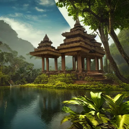 Image similar to 4 k unreal engine render of an ancient never seen before indian high detail temple islands. complex architecture with intricate pilars. high detailed water. jungle background. afternoon light. hyper realistic render, trending on art station