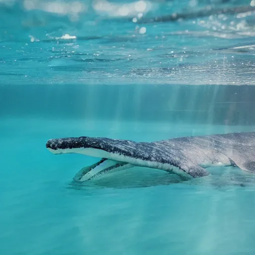 Prompt: photo of a plesiosaur swimming next to boat in crystal clear tropical water