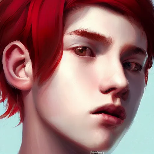 Image similar to teen boy, red hair, modern clothes, gorgeous, amazing, feminine, elegant, intricate, highly detailed, digital painting, artstation, concept art, sharp focus, illustration, art by WLOP and greg rutkowski