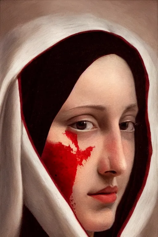 Prompt: hyperrealism close-up portrait of young beautiful nun with red paint on face, soft colors, in style of classicism