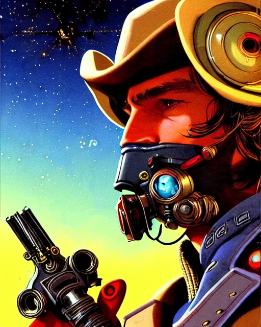 Image similar to mccree from overwatch, cyber space cowboy, outter space, character portrait, portrait, close up, concept art, intricate details, highly detailed, vintage sci - fi poster, retro future, vintage sci - fi art, in the style of chris foss, rodger dean, moebius, michael whelan, and gustave dore