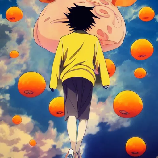 Image similar to anime key visual of a man walking on clouds with an orange longsleeve, official media, trending on artstation, in the style of takashi murakami