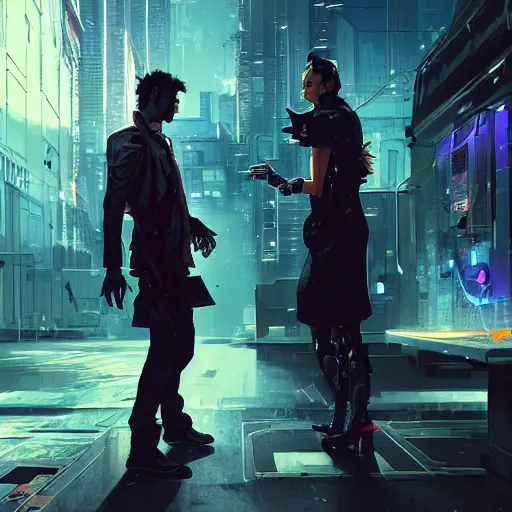 Prompt: two people arguing, detailed digital illustration by greg rutkowski, cyberpunk back alley, android netrunner