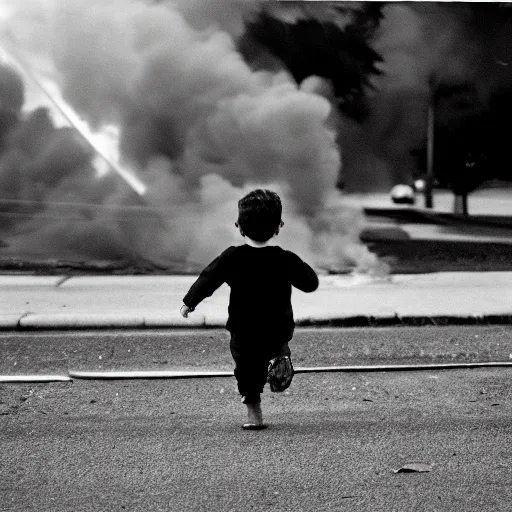 Image similar to child running, away from a house fire, kodak tri-x style, portrait, moody lighting