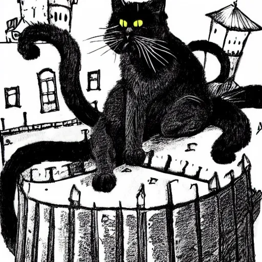 Prompt: a all black cat sitting on top of a castle, demon cat, style of kentaro miura!!!!, black and white, finely detailed