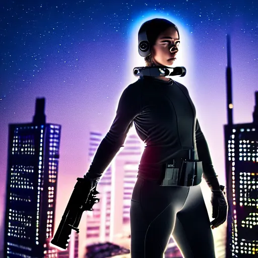 Image similar to photographic portrait of a techwear woman holding a shotgun, closeup, on the rooftop of a futuristic city at night, sigma 85mm f/1.4, 4k, depth of field, high resolution, 4k, 8k, hd, full color, Die Hard, movies with guns, movie firearms