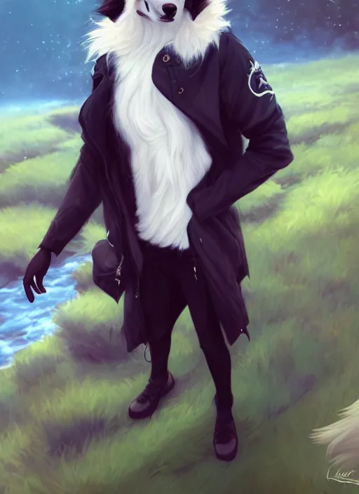 Prompt: wide angle full body portrait of a cute male anthropomorphic border collie fursona wearing a jacket in front of a park, by charlie bowater, henry asencio, and ross tran, furaffinity, scenic background, intricate, elegant, beautiful, fantasy, highly detailed, trending on artstation