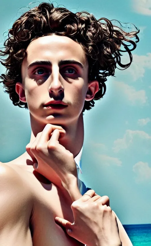 Image similar to Timothee Chalamet, the most beautiful androgynous man in the world, intense painting, sunny day at beach, tropical island, +++ super supper supper dynamic pose,  digital art, +++ quality j.c. leyendecker, limited edition, shiny, veiny hands, thick eyebrows, masculine appeal high fashion